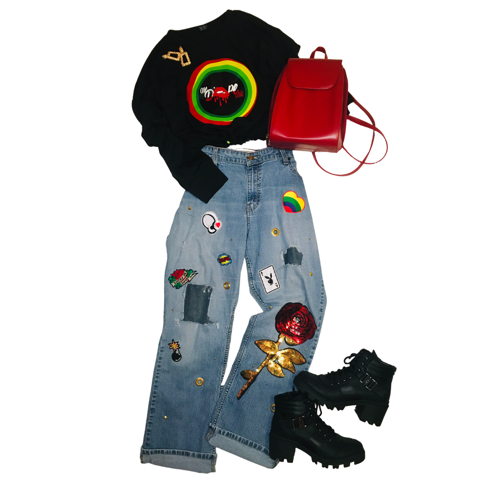 Sequin Rose and Patchwork Jeans