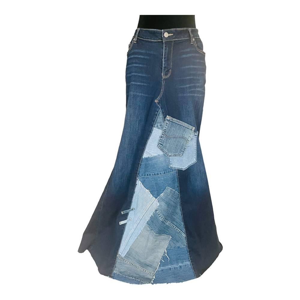 
            
                Load image into Gallery viewer, Mixed Patchwork Denim Skirt
            
        