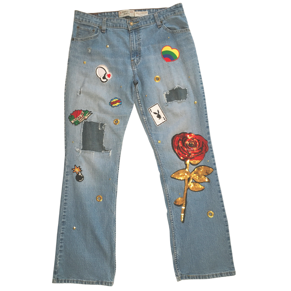 
            
                Load image into Gallery viewer, Sequin Rose and Patchwork Jeans
            
        