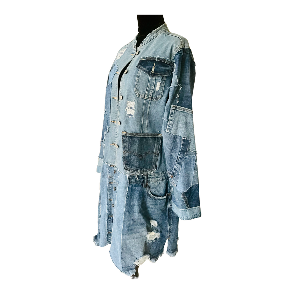
            
                Load image into Gallery viewer, Denim 3/4 Length Patchwork Coat
            
        