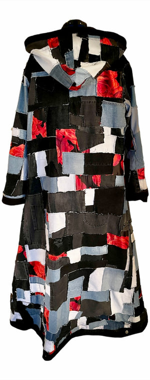 Black Denim Patchwork Coat